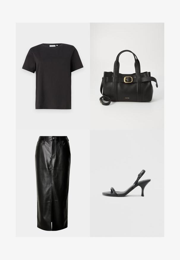 Juodas medvilninis marškinėliai su trumpomis rankovėmis, apvaliu kaklu ir paprastu, švariu dizainu. Nėra matomų raštų ar puošmenų.; Juoda odinė midi sijonas su tiesiu kirpimu, priekinės skelties ir klasikinio penkių kišenių dizainu, papuoštu metaliniais akcentais.; Juodos odinės aukštakulnės šlepetės su plonu, kreiviu kulnu ir kryžminiu dirželio dizainu. Reguliuojamas kulkšnies dirželis. Lygus paviršius.; Juodas odinis rankinės maišas su struktūrizuotu dizainu, dviem viršutinėmis rankenomis, auksinės spalvos sagtimi ir iškilniu prekės ženklu priekyje.