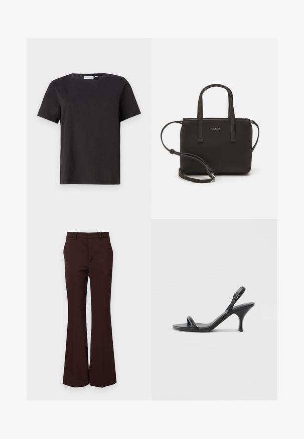 Black cotton t-shirt with short sleeves, a crew neckline, and a simple, clean design. No visible patterns or embellishments.; Brown flared trousers made from a smooth fabric, featuring a tailored waistline, belt loops, and a clean front with no pockets.; Black leather high-heeled sandals with a slim, curved heel and a crossed strap design. Adjustable ankle strap. Smooth texture.; Black handbag with dual short handles and a removable shoulder strap. Smooth leather-like material with a zip closure and logo detail.