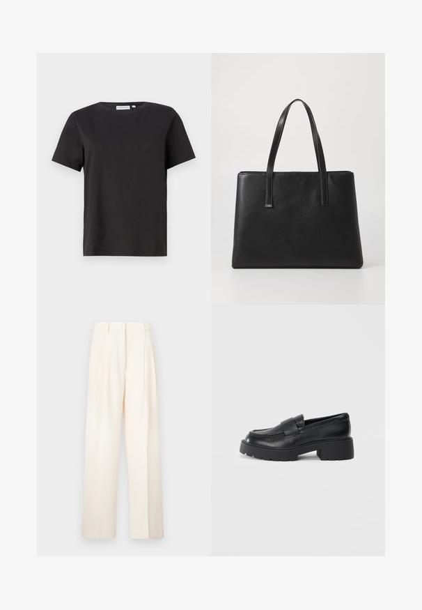 Sort bomulds T-shirt med korte ærmer, rund halsudskæring og et enkelt, rent design. Ingen synlige mønstre eller udsmykninger.; Breddebenede bukser i creme, lavet af glat stof. Har en skræddersyet design med frontfolder og en lige pasform.; Sorte læderloafers med en struktureret finish, der har et rektangulært bånd over vamps og et groft, klodsede således design.; Sort læder tote taske med to lange håndtag, rektangulær form, tekstureret overflade og minimalistisk design. Ingen synligt hardware eller accenter.