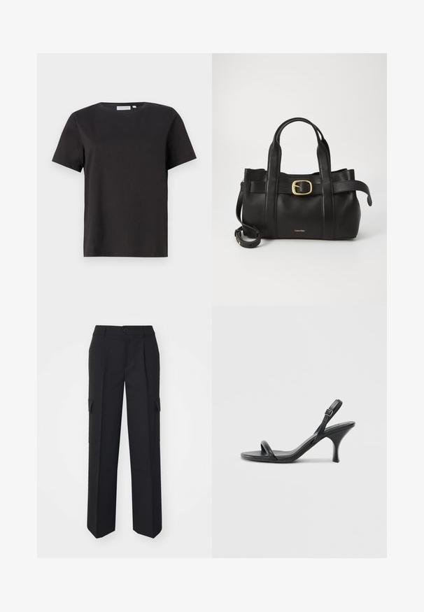 Black cotton t-shirt with short sleeves, a crew neckline, and a simple, clean design. No visible patterns or embellishments.; Black cargo pants with a straight-leg design, featuring side pockets, a front button closure, and made from a structured fabric.; Black leather high-heeled sandals with a slim, curved heel and a crossed strap design. Adjustable ankle strap. Smooth texture.; Black leather handbag featuring a structured design, dual top handles, gold-tone buckle accent, and embossed brand logo at the front.