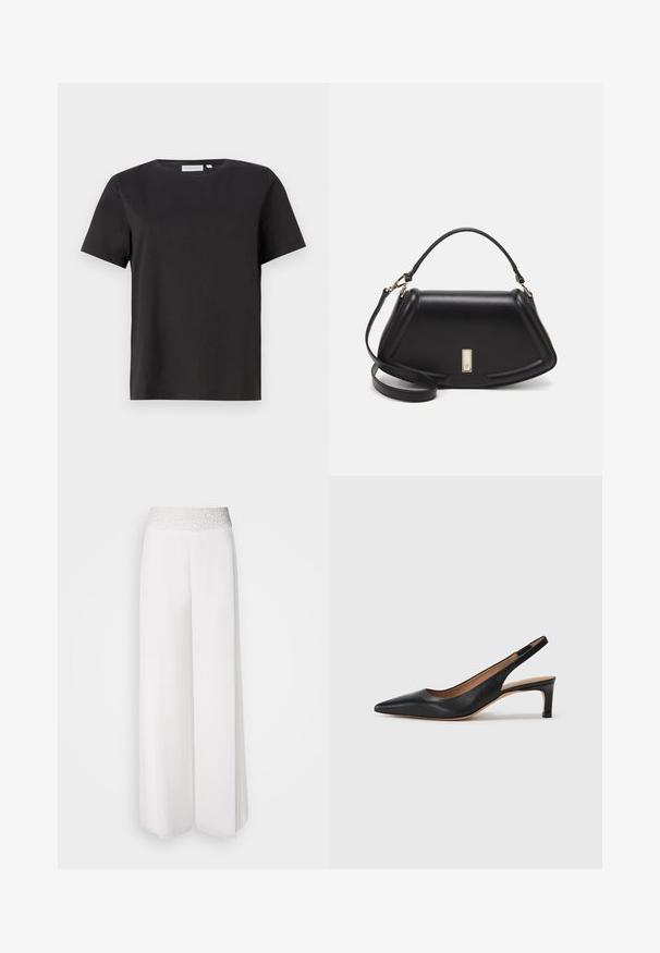 Fekete pamut póló rövid ujjakkal, kerek nyakkivágással és egyszerű, letisztult dizájnnal. Nincsenek látható minták vagy díszítések.; Fehér, bőszárú nadrág texturált ezüst derékkal, sima anyaggal és légies fazonnal. Különféle alkalmakra alkalmas.; Fekete bőr slingback pumpa hegyes orral, alacsony sarokkal és sima textúrával. Vékony, állítható pánttal rendelkezik a biztos illeszkedés érdekében.; Fekete bőr kézitáska, strukturált dizájnnal, rövidített formával, felső fogantyúval és arany színű kiegészítőkkel. Állítható vállpánt is tartozik hozzá.