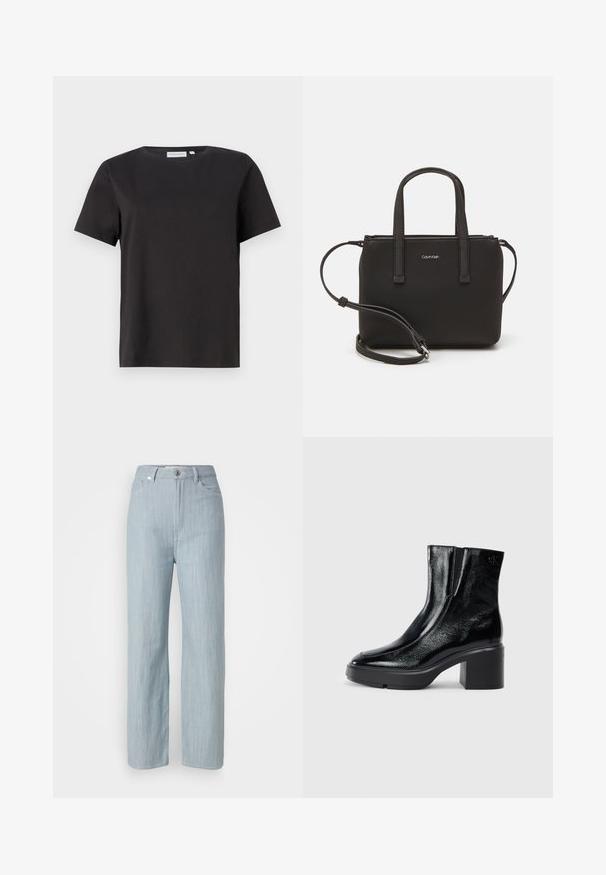 Melns kokvilnas t-krekls ar īsām piedurknēm, apaļu kakla izgriezumu un vienkāršu, tīru dizainu. Nav redzamu rakstu vai rotājumu.; Gaiši zilas taisnas kājas džinsi, izgatavoti no džinsa auduma. Iezīmē piecas kabatas, metāla pogu aizdari un smalku nodilumu tekstūrai.; Melnas lakotas ādas potītes zābaki ar izliekto purngalu, elastīgām sānu paneļiem un masīvu blokveida papēdi. Aizmugurē ir izsistā logo.; Melns roku soma ar divām īsām rokturiem un noņemamu plecu siksnu. Gluda ādas līdzīga materiāla ar rāvējslēdzēja aizdari un logos detaļu.