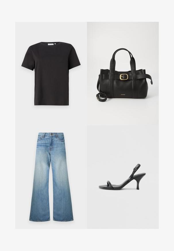 T-shirt en coton noir à manches courtes, avec un col rond et un design simple et épuré. Pas de motifs ou d'ornements visibles.; Jean large en denim bleu clair, avec une fermeture éclair standard, cinq poches et une finition délavée avec de subtils détails de poches élimées.; Sandales à talons hauts en cuir noir avec un talon fin et courbé et un design de brides croisées. Bride de cheville réglable. Texture lisse.; Sac à main en cuir noir présentant un design structuré, deux poignées supérieures, un accent de boucle en ton doré et un logo de la marque en relief à l'avant.
