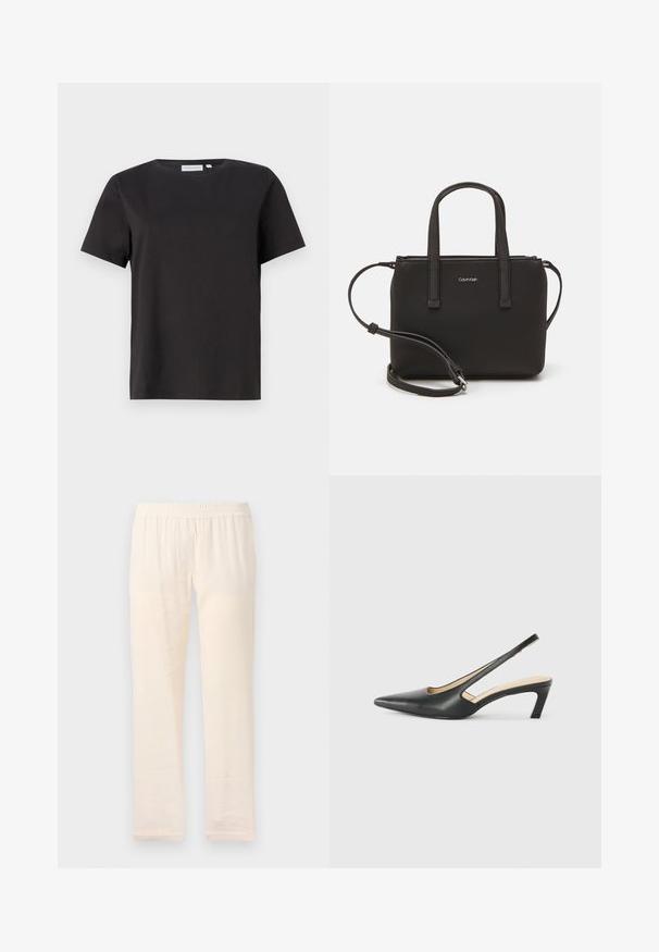 Schwarzes Baumwoll-T-Shirt mit kurzen Ärmeln, Rundhalsausschnitt und einem einfachen, klaren Design. Keine sichtbaren Muster oder Verzierungen.; Helle beigetöne Hose mit elastischem Bund, gerade Beinform und glatter Textur, aus leichtem Stoff gefertigt.; Schwarzer spitz zulaufender Slingback-Schuh mit niedrigem Absatz, der aus glattem Leder gefertigt ist und seitliche Ausschnitte für Atmungsaktivität aufweist.; Schwarze Handtasche mit zwei kurzen, doppelt geflochtenen Griffen und einem abnehmbaren Schulterriemen. Glattes, lederähnliches Material mit einem Reißverschluss und Logodetail.