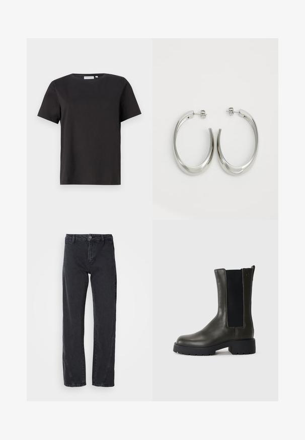 Svart bomulls-T-skjorte med korte ermer, rund hals og et enkelt, rent design. Ingen synlige mønstre eller dekorasjoner.; Svarte denimjeans med rett ben-design, med midjehøyde, knappelukking og dekorative sømmer langs sidesømmene.; Grønn skinn ankelstøvel med elastiske sidepaneler, rund tå og gummisal. Har en teksturert overflate og blokkhæl.; Sølvøreringer med en jevn, buet design. Har en blank metallisk finish og en studlås. Ingen synlige mønstre eller aksenter.