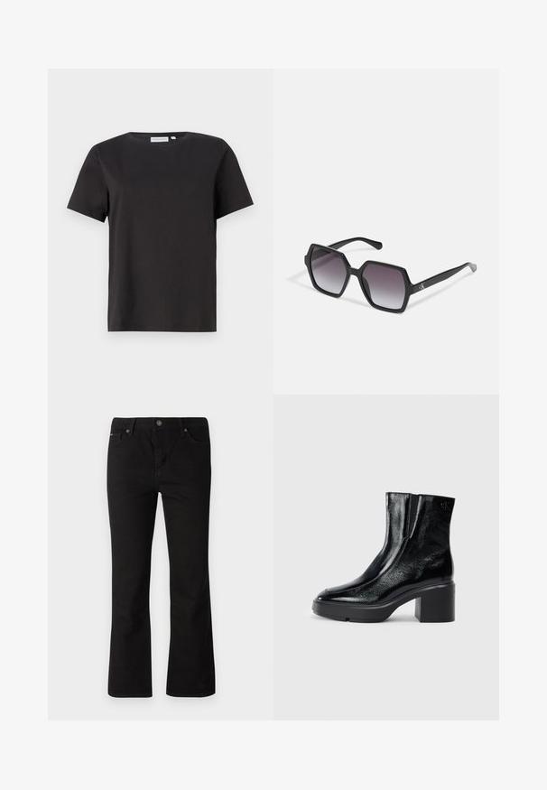 Camiseta de algodón negra con mangas cortas, un escote redondo y un diseño simple y limpio. Sin patrones o adornos visibles.; Jeans negros de pierna recta con cierre de botón y cremallera, pasadores para cinturón y bolsillos delanteros y traseros sobre un fondo blanco.; Botas de tobillo de charol negro con puntera curva, paneles laterales elásticos y un tacón ancho. Presentan un logo embosado en la parte posterior.; Gafas de sol hexagonales negras con lentes degradados, que presentan un acabado brillante y un sutil branding en la patilla. Construcción de plástico duradero.
