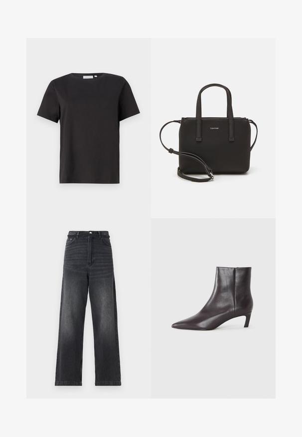 Crna pamučna majica s kratkim rukavima, okruglim izrezom i jednostavnim, čistim dizajnom. Nema vidljivih uzoraka ili ukrasa.; Crne traperice širokih nogavica s visokim strukom, koje imaju kopčanje na gumb, pet džepova i suptilno izbljeđivanje duž nogavica.; Crna kožna gležnjača s šiljastim nosom i niskom kitten petom, glatke površine, sa bočnim zatvaračem, prikazana na neutralnoj pozadini.; Crna torba s dva kratka ručka i uklonjivom naramenicom. Glatki materijal nalik koži s zatvaračem na zatvaranje i detaljem s logom.