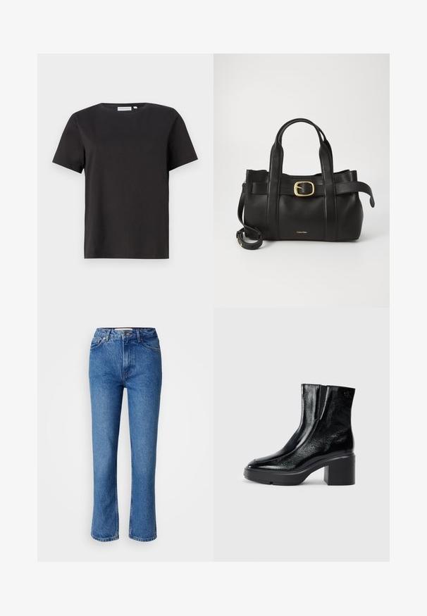 Tricou negru din bumbac, cu mâneci scurte, de tip crew neck, cu un design simplu și curat. Fără modele sau embellishments vizibile.; Jeans din denim albastru cu un croi drept, având un design clasic cu cinci buzunare, cusături portocalii și închidere cu buton.; Bocanci de gleznă din piele lacuită neagră, cu vârf curbat, panouri elastice pe laterale și toc bloc masiv. Prezintă un logo embosat pe spate.; Geantă de mână din piele neagră, cu un design structurat, mânere superioare duale, accent cu cataramă aurie și logo-ul brandului embosat în față.