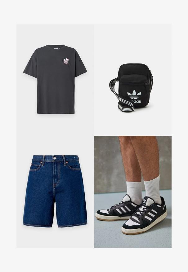 Sivá bavlnená tričko s guľatým výstrihom a krátkymi rukávmi. Na prednej strane je zobrazené ružové kvetinové logo Adidas. Voľný strih, bez vzorov alebo ozdôb.; Tmavomodré denimové šortky s polovičným pásom, piatimi vreckami, mosadzným hardvérom a kontrastnými oranžovými stehovými detailami.; Čierno-biele tenisky s vrchom z semišu a kože, s troma bielymi pruhmi, perforovanou špičkou a gumovou podrážkou.; Čierna textilná crossbody taška so zipsovým uzáverom, ktorá má biele logo Adidas a pruhovaný nastaviteľný popruh pre jednoduché nosenie.