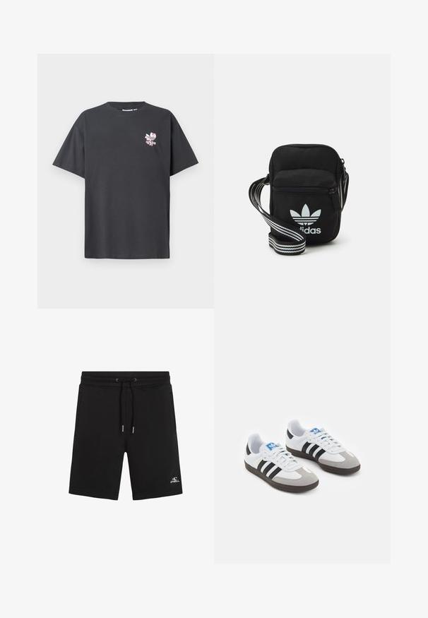 Pilkos spalvos medvilninis marškinėliai su apykakle ir trumpomis rankovėmis. Priekyje yra rožinės spalvos gėlių Adidas logotipas. Atsipalaidavęs siluetas, be raštų ar papuošimų.; Juodi vilnoniai šortai su elastine juosta ir raišteliu. Pasižymi dviem šoninėmis kišenėmis ir baltu logotipu apatiniame kairiajame šlaunyje.; Sportiniai batai su balta odine viršutine dalimi, pilku zomšiniu priekiu ir trimis juodomis juostelėmis. Ant liežuvio yra mėlynas logotipas, o padas pagamintas iš tekstūruoto gumos.; Juodas audinio per petį nešiojamas krepšys su užtrauktuku, turintis baltą Adidas logotipą ir dryžuotą reguliuojamą diržą patogiam nešiojimui.