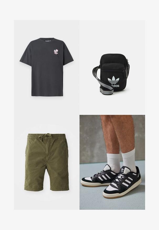 Grijze katoenen t-shirt met een ronde hals en korte mouwen. Aan de voorkant staat een roze bloemen Adidas-logo. Casual fit, geen patronen of versieringen.; Oliegroene short gemaakt van zacht, gestructureerd stof. Voorzien van een elastische tailleband met een trekkoord en zijzakken.; Zwart-witte sneakers met een bovenwerk van suede en leer, voorzien van drie witte strepen, een geperforeerde neus en een rubberen gumzool.; Zwarte stoffen schoudertas met een ritssluiting, voorzien van een wit Adidas-logo en een gestreepte, verstelbare schouderband voor gemakkelijk dragen.
