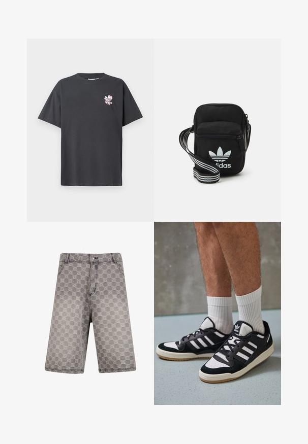 Szürke pamut póló kerek nyakkal és rövid ujjal. Elöl egy rózsaszín virágmintás Adidas logó látható. Lazán illeszkedő fazon, nincs rajta minta vagy díszítés.; Szürke farmer rövidnadrág körkörös mintázattal, hagyományos öt zsebes kialakítással és látható varrási részletekkel.; Fekete-fehér tornacipők velúr és bőr felsőrésszel, három fehér csíkkal, perforált orral és gumi talppal.; Fekete anyagú, keresztpántos táska cipzáras záródással, fehér Adidas logóval és csíkos állítható pánttal a könnyű hordozás érdekében.