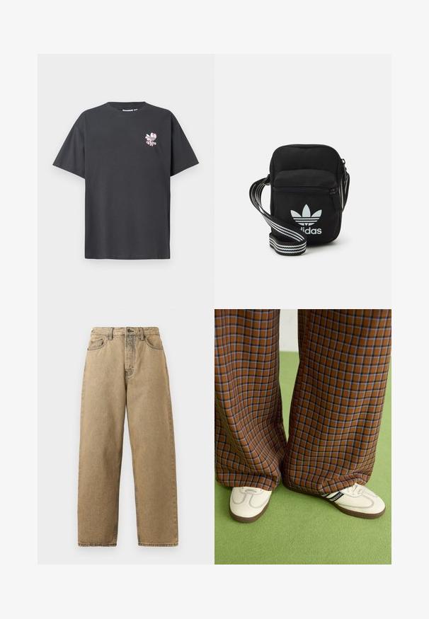 Camiseta de algodón gris con cuello redondo y mangas cortas. En la parte delantera exhibe un logo de Adidas con flores rosas. Corte relajado, sin patrones ni adornos.; Jeans de mezclilla color beige con un diseño de pierna recta, que cuentan con cierre de cremallera, trabillas para el cinturón y costuras en contraste. Sin patrones destacados ni detalles de herrajes.; Pantalones de pata de elefante de cuadros marrones y azules combinados con zapatos blancos con detalles en negro y suelas texturizadas, sobre un fondo verde.; Bolso cruzado de tela negra con cierre de cremallera, que presenta un logo blanco de Adidas y una correa ajustable a rayas para un fácil transporte.