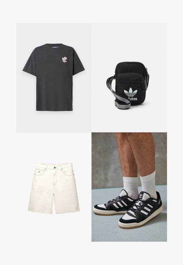 Grijze katoenen t-shirt met een ronde hals en korte mouwen. Aan de voorkant staat een roze bloemen Adidas-logo. Casual fit, geen patronen of versieringen.; Witte denim shorts met een rechte snit, vijf zakken en zichtbare stiksels. Voorzien van een sluiting met een knop aan de voorkant en een klein merkje aan de zijkant.; Zwart-witte sneakers met een bovenwerk van suede en leer, voorzien van drie witte strepen, een geperforeerde neus en een rubberen gumzool.; Zwarte stoffen schoudertas met een ritssluiting, voorzien van een wit Adidas-logo en een gestreepte, verstelbare schouderband voor gemakkelijk dragen.