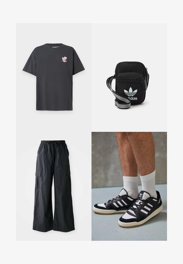 Šedé bavlněné tričko s kulatým výstřihem a krátkým rukávem. Na přední straně je vyobrazeno růžové květinové logo Adidas. Uvolněný střih, bez vzorů nebo ozdob.; Černé cargo kalhoty vyrobené z lehké tkaniny, s širokým střihem, elastickým pasem a několika bočními kapsami. Jednoduché a funkční.; Černobílé tenisky s vrchní částí z semišové a kožené kůže, včetně tří bílých pruhů, perforovaného špičky a podrážky z gumy.; Černá crossbody taška z látky se zipovým uzávěrem, obsahující bílé logo Adidas a pruhovaný nastavitelný popruh pro snadné nošení.
