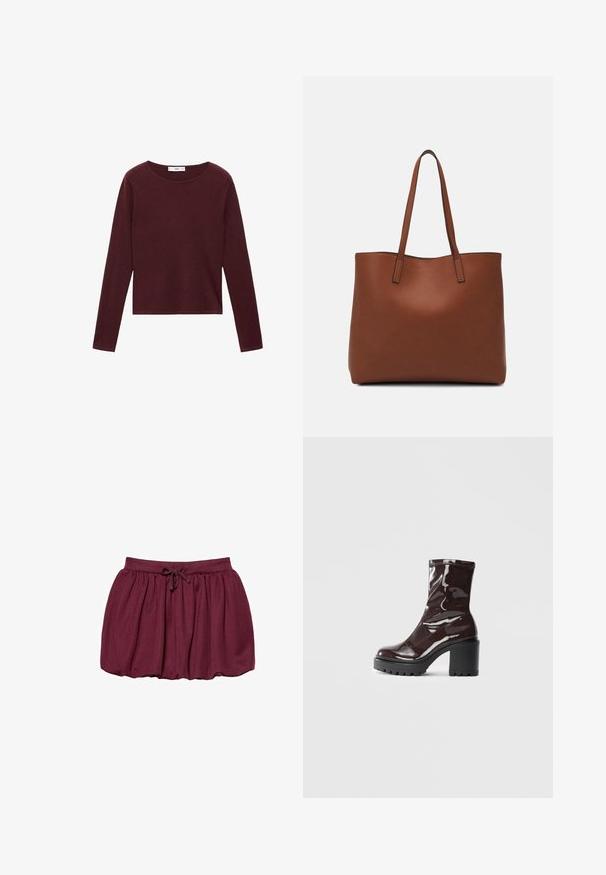 Burgundyröd långärmad topp gjord av mjukt material med rund halsringning och rak skärning, med minimala sömmar och en slät yta.; Burgundyskörtd av mjukt tyg, med dragsko i midjan, veckad design och en utsvängd silhuett. Slät textur genom hela.; Glansig bordeauxfärgad ankelsko med en kraftig svart klack, som har en slät yta och enkel design. Inga synliga stängningar eller mönster.; Brun läder tote-väska med en slät textur, öppen toppdesign och två axelremmar. Har minimal söm och ingen synlig metalldetalj.