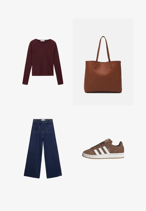 T-shirt bordeaux à manches longues en tissu doux, avec un col rond et une coupe droite, présentant des coutures minimales et une texture lisse.; Jeans en denim à jambes larges de couleur bleu foncé, dotés d'une taille haute, de quatre poches et de détails de couture visibles. Texture lisse avec une coupe classique.; Baskets en daim marron avec des bandes en cuir blanc, semelle en caoutchouc, bout arrondi et lacets. Comprend un logo sur la languette et des accents perforés.; Sac fourre-tout en cuir marron avec une texture lisse, design à ouverture supérieure et deux poignées pour le porter à l'épaule. Présente des coutures minimales et aucun matériel visible.