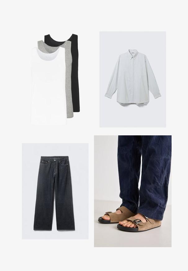Three tank tops in white, gray, and black. Each features a classic sleeveless design, made from lightweight cotton fabric with a ribbed texture.; Long-sleeve white shirt with thin vertical gray stripes, buttoned front, single chest pocket, and pointed collar.; Dark denim wide-leg jeans with a high waist, featuring copper-tone rivets and contrast stitching, smooth texture, and no visible patterns.; Brown suede sandals with two adjustable straps, featuring black rubber soles and a metal buckle accent, paired with dark blue denim pants.