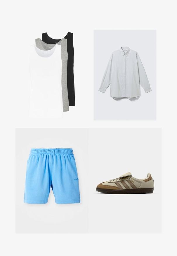 Tričko bez rukávov v bielej, šedej a čiernej farbe. Každé má klasický dizajn bez rukávov, vyrobené z ľahkej bavlnenej tkaniny s rebrovanou textúrou.; Biela košeľa s dlhým rukávom s tenkými vertikálnymi šedými pruhmi, zapínanie na gombíky vpredu, jedna náprsníková kapsa a špicatý golier.; Svetlo modré bavlnené šortky s elastickým pásom, navrhnuté s voľným strihom. Obsahujú dvojité švy na lemovaní a malý akcent loga.; Hnedé a krémové športové topánky s tromi béžovými pruhmi, z hladkej kože a kože, s dizajnom na šnurovanie a gumovou podrážkou. Textová značka na boku.