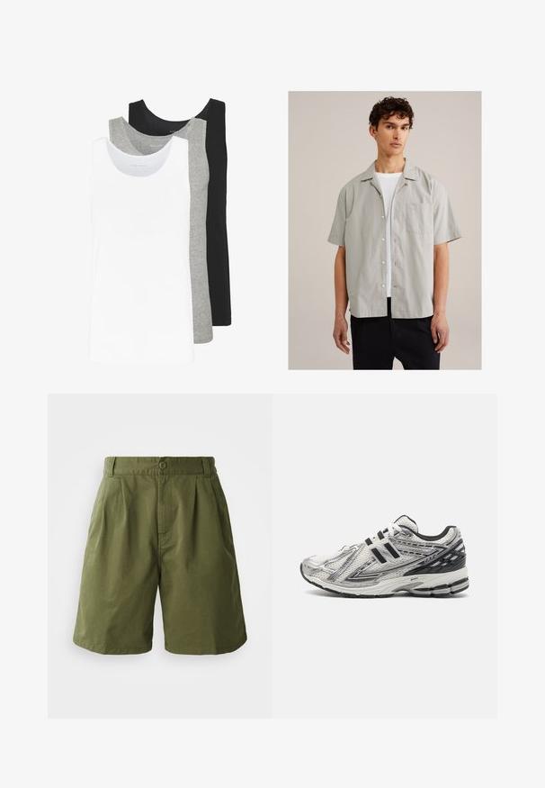 Három ujjatlan póló fehér, szürke és fekete színben. Mindegyik klasszikus ujjatlan dizájnnal készült, könnyű pamut anyagból, bordázott textúrával.; Világosszürke, rövid ujjú ing sima anyagból, gombos elülső résszel, hegyes gallérral és zsebbel a mellrészen. Fehér póló felett viselve.; Olíva zöld, könnyű anyagból készült rövidnadrág, plisszírozott elejével, gombos záródásával és oldalsó zsebeivel, egyenes szabással.; Férfi futócipők fehér hálós anyagból, fekete kiegészítőkkel, párnázott talppal, fűzős kivitelben, és strukturált felülettel a tapadás érdekében.