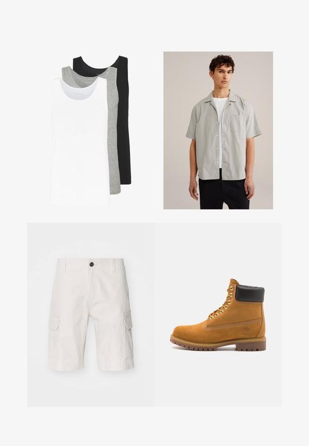 Tre tank tops i hvid, grå og sort. Hver af dem har et klassisk ærmeløst design, lavet af let bomuldsstof med ribbet tekstur.; Lys grå kortærmet skjorte i et glat stof, med knaplukning fortil, spids krave og en brystlomme. Bæres over en hvid t-shirt.; Beige cargo shorts lavet af letvægtsstof, med to sidelommer, knaplukning og en afslappet pasform. Glat tekstur med subtilt mønster.; Tan nubuck ankelstøvle med sort polstret krave, gyldne metaløjer, hvid syning detaljer og robust gummisål med udtalte slidbaner.