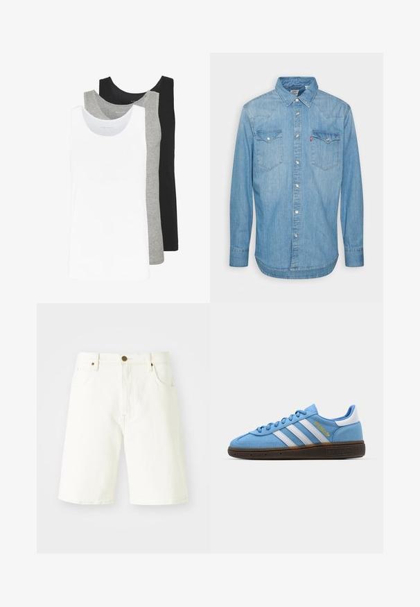 Trys marškiniai be rankovių baltos, pilkos ir juodos spalvų. Kiekvienas iš jų turi klasikinį dizainą, pagamintas iš lengvos medvilnės audinio su raštuotu paviršiumi.; Šviesiai mėlyna džinsinė marškinė su ilgomis rankovėmis, smailiu apykakle ir dviem krūtinės kišenėmis. Rankenos su mygtukų uždarymu ir kreivu apdailos kraštu.; Balti džinsiniai šortai su tiesiu kirpimu, klasikinio penkių kišenių dizainu ir variniu mygtuko uždarymu. Lygus paviršius ir apdirbtos kraštinės.; Šviesiai mėlyni suediniai sportbačiai su baltomis odinėmis juostelėmis, ruda tekstūruota padais ir auksiniu logotipo akcentu. Žemas dizainas su apvaliu pirštu.