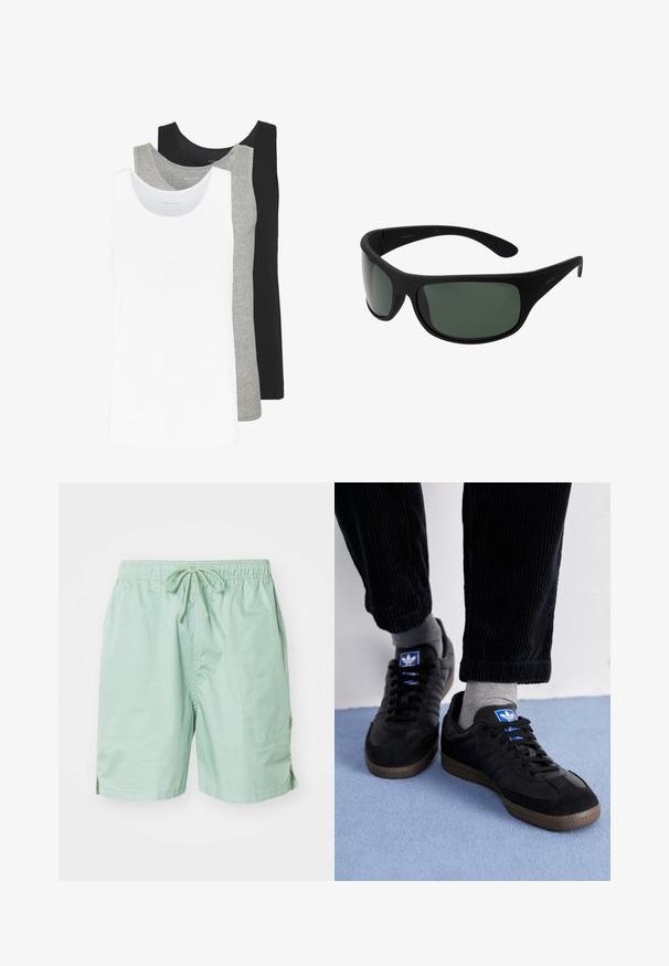 Three tank tops in white, gray, and black. Each features a classic sleeveless design, made from lightweight cotton fabric with a ribbed texture.; Light green swim shorts made of smooth fabric, featuring an elastic waistband with drawstring, side pockets, and short length.; Black sneakers with suede and leather material, featuring a blue logo and brown rubber sole. Paired with gray socks and corduroy pants.; Black wraparound sunglasses with dark green lenses. Matte finish, curved design, with straight arms and subtle branding on the side.
