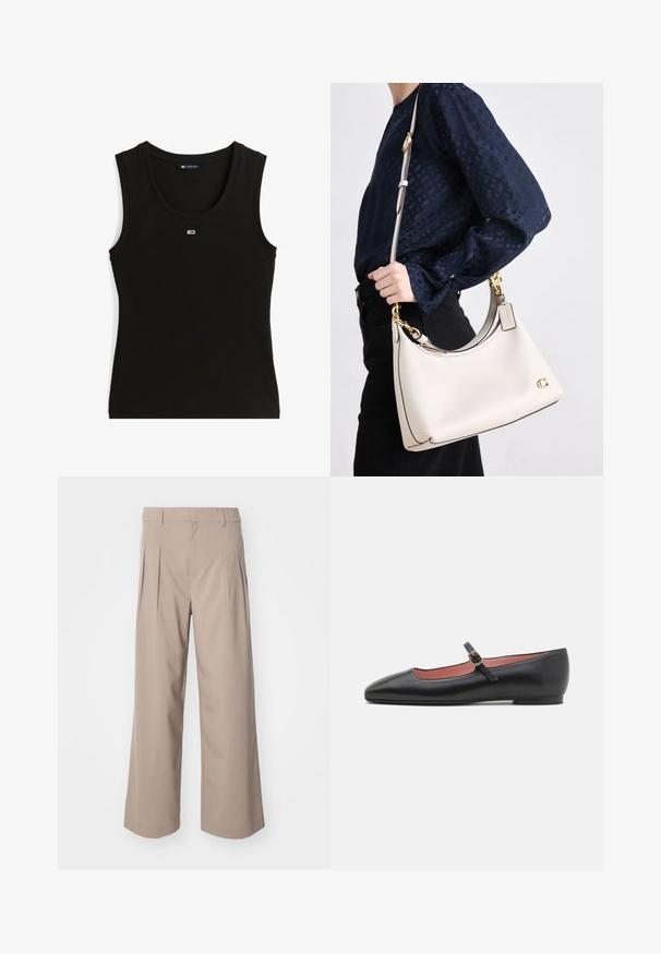 Black ribbed tank top with a round neckline and wide straps. Features a small, multicolored logo on the chest.; Beige wide-leg trousers with pleats, made of smooth fabric. Features a mid-rise waist and a clean, tailored silhouette.; Black leather flat shoe with a pointed toe and ankle strap featuring a gold buckle. Smooth texture with a slightly glossy finish.; A beige leather handbag with dark trim, a curved silhouette, gold hardware, and a detachable strap, held at the side against a dark outfit.