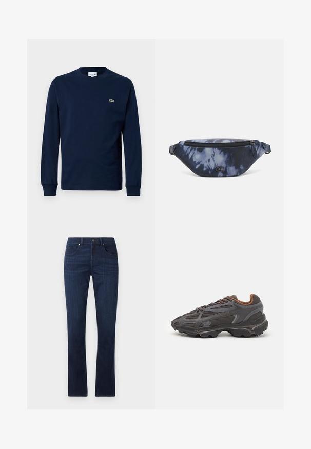 Maglietta a maniche lunghe blu navy realizzata in cotone, con collo a giro e un piccolo logo di un coccodrillo verde sul lato sinistro del petto.; Jeans in denim blu scuro con un design a gamba dritta, caratterizzati da una chiusura frontale con bottone e zip, e un classico stile a cinque tasche.; Sneaker Lacoste grigie scure in materiale mesh e sintetico, con suola testurizzata e dettagli marroni sul colletto e sul branding.; Marsupio in stampa tie-dye blu scuro con una parte superiore con zip, materiale testurizzato e un logo ben visibile sul davanti.
