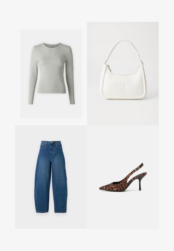 Camisa de manga larga de color gris claro hecha de algodón suave, con un escote redondo y una silueta ajustada, sin patrones ni acentos visibles.; Jeans de denim en un lavado azul medio, con una cintura alta, corte de pierna ancha y diseño estándar de cinco bolsillos con detalles de costura visibles.; Tacones altos de salón con estampado de leopardo, punta afilada, tacón negro brillante y correa ajustable en el tobillo. Material suave con un acabado texturizado.; Bolso de mano de cuero blanco con forma curvada, con un logo "CK" en relieve en la parte delantera y una sola correa para el hombro. Cierre de cremallera en la parte superior.
