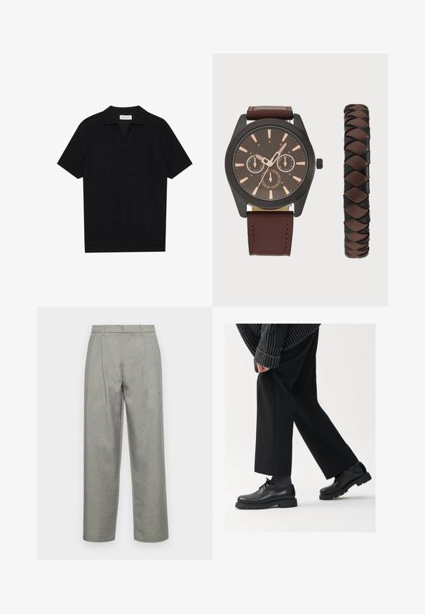 Black short-sleeve polo shirt with a textured, ribbed fabric, featuring a v-neckline and a straight hem. No visible logos or patterns.; Gray tailored trousers made of textured fabric, featuring a straight-leg design, front pleats, and a standard waistband with belt loops.; Black leather shoes with a rounded toe, lace-up design, and thick, textured sole. Worn with tailored black trousers and a ribbed sweater.; Pier One SET - Watch - black/brown