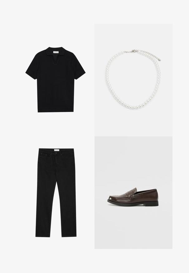 Black short-sleeve polo shirt with a textured, ribbed fabric, featuring a v-neckline and a straight hem. No visible logos or patterns.; Black straight-leg jeans with five-pocket design, button and zip fly closure, and a Pier One brand label on the waistband.; Brown leather loafer with a rounded toe, decorative stitching, and a small, flat heel. Smooth texture with understated design elements.; White pearl necklace with a uniform round shape, smooth surface, and metal clasp with an extension chain for adjustable length.