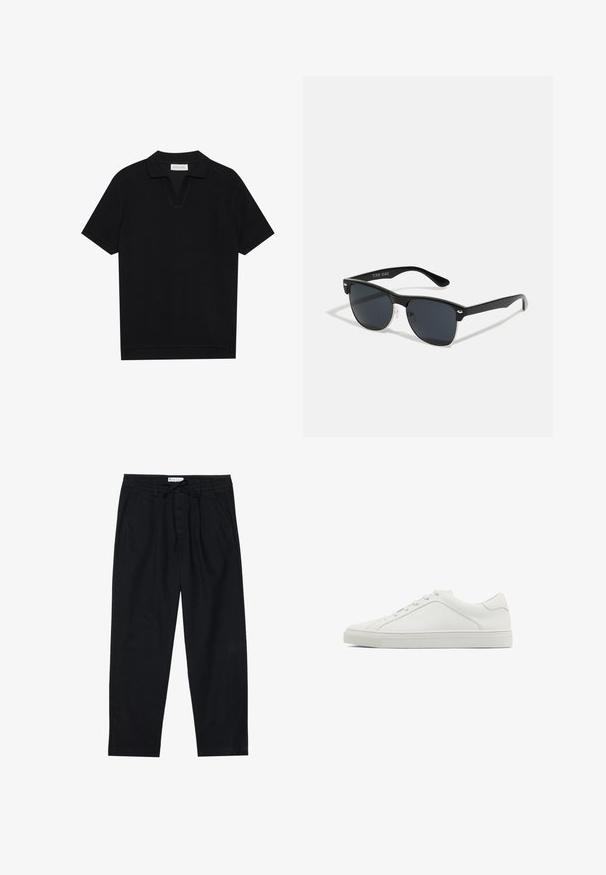 Sort kortærmet polo skjorte med en tekstureret, ribbede stof, der har en v-halsudskæring og en lige kant. Ingen synlige logoer eller mønstre.; Pier One Chino - black; Hvide lædersneakers med rund tå, flad sål og minimalistisch design. Har seks snøringer og en diskret syning på siden.; Sorte solbriller med rektangulær form, mørke linser, sølvdetaljer ved tindingerne og en mat finish på stellet.