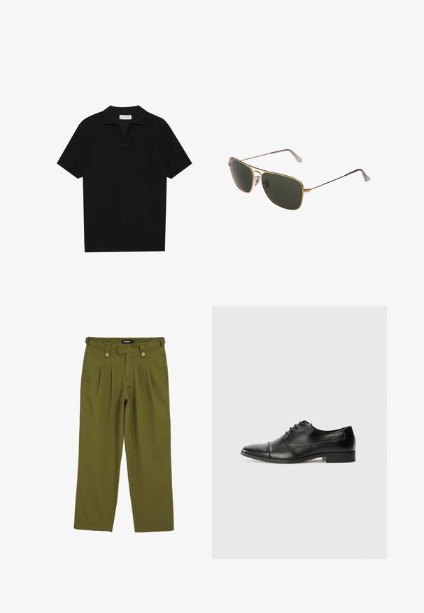 Black short-sleeve polo shirt with a textured, ribbed fabric, featuring a v-neckline and a straight hem. No visible logos or patterns.; Olive green pleated trousers with a straight cut. Features two front buttons, belt loops, and a smooth textured fabric.; Black leather dress shoe with a pointed toe, laces, and subtle stitching details. Features a low block heel and smooth glossy finish.; Gold metal aviator sunglasses with large dark green lenses, featuring a thin frame and transparent nose pads for comfort.