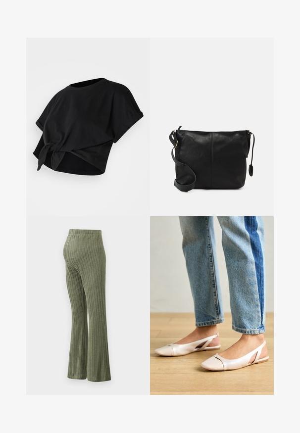 Sort cropped t-shirt lavet af blødt stof, med rund halsudskæring, korte opfoldede ærmer og detalje med knude foran.; Ribbet, udvidede bukser lavet af blødt, tekstureret stof i olivengrøn, med en elastisk talje og en lige skæring til kanten.; Lyserøde slingback flade sko med spidse tær, lavet af et glat læderlignende materiale. Har udskæringsdetaljer på siderne og en flad hæl.; Sort læder crossbody taske med flad form, guld hardware detaljer og justerbar skulderrem. Glat tekstur med minimale syninger.