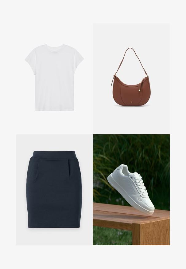 T-shirt blanc à manches courtes, col rond, coupe décontractée, en tissu de coton doux. Texture lisse, sans motifs ni logos.; Jupe en jersey extensible bleu marine avec une silhouette ajustée, dotée d'une taille lisse et de deux poches avant.; Sneakers blanches avec une tige synthétique lisse, un avant perforé, des lacets plats et une semelle texturée, présentées sur une surface en bois.; Sac à épaule en faux cuir brun, de forme arrondie, avec des coutures minimales et un accent en matériel doré. Il possède une fermeture zippée sur le dessus et une sangle réglable.