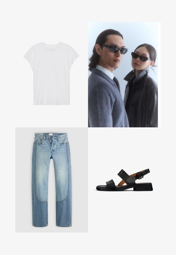 Valkoinen lyhythihainen t-paita, jossa on pyöreä kaula-aukko ja rento malli, valmistettu pehmeästä puuvillakankaasta. Suhteellisen sileä pinta, ilman kuvioita tai logoja.; Vaaleansiniset farkut, joissa on suora ja väljähkö istuvuus, erottuvilla paneeliyksityiskohdilla ja viiden taskun malli. Napillinen vetoketju.; Musta nahkakengät, joissa on kaksi vaakasuoraa remmiä ja soljellinen nilkkaremmi. Litteä, teksturoitu pohja, jossa on hieman korkoa ja sileä pinta.; Aurinkolasit, joissa on kulmikkaat mustat kehykset, malli, jolla on päällään harmaa neulepaita, esittelee teksturoitua neulosta ja mustaa nahkatakkia, jota pitää toinen malli.