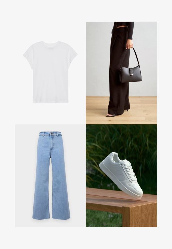 Balta trumpų rankovių marškinėliai su apvalia iškirpte, laisvo kirpimo, pagaminti iš minkštos medvilnės. Lygi tekstūra, be raštų ar logotipų.; Šviesiai mėlynos plačios džinsinės kelnės su aukštu liemeniu, nusitrynusių kraštų ir priekinio užsegimo mygtuku. Pagamintos iš džinsinio audinio, pasižymi glotnia tekstūra ir švariais kontūrais.; Balti sneakeriai su lygia sintetine viršutine dalimi, perforuota pirštų zona, plokščiomis raištelėmis ir tekstūruotu padu, padėti ant medinės paviršiaus.; Juodas rankinė struktūrizuota forma, lygi tekstūra ir metalinis užsegimas. Suporuota su plačiomis juodomis kelnėmis ir atvirais bateliais ant medinių grindų.; Auksiniai auskarai su įvairiais dizainais, įskaitant studus, žiedus ir kabančius modelius su perlų ir kristalų akcentais.