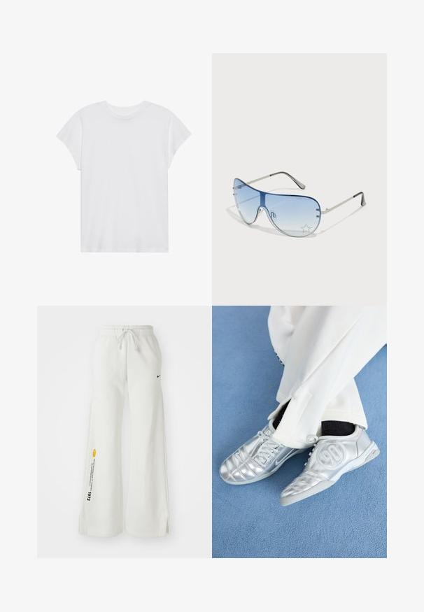 Tricou scurt alb, cu mânecă scurtă și guler rotund, cu o croială relaxată, realizat dintr-un material din bumbac moale. Textură netedă, fără modele sau logo-uri.; Pantaloni de trening albi, cu croială largă, talie elastică, șnur de strângere, deschideri laterale, logo Nike negru și text grafic galben în contrast.; Pantofi sport argintii cu un finisaj neted și lucios, având un design cusut și cifra 90 pe lateral, asortați cu pantaloni albi.; Ochelari de soare aviator cu lentilă gradient albastră, ramă metalică argintie și accente decorative sub formă de stele pe lentilă. Design neted și elegant.