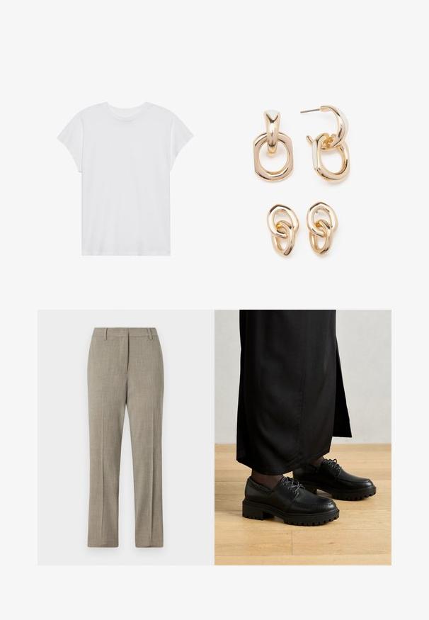 Biela krátka rukávová tričko s okrúhlym výstrihom, voľný strih, vyrobené z jemnej bavlnenej látky. Hladká textúra, bez vzorov alebo log.; Svetlo šedé nohavice na mieru s textúrovanou látkou, rovný strih a klasický opasok. Obsahujú jemný pruhovaný detail.; Čierne kožené topánky s okrúhlou špičkou, hrubou gumovou podrážkou a šnúrkami. Dizajn obsahuje dekoratívne šitie pozdĺž hornej časti.; Náušnice vo zlatej farbe s kombináciou geometrických tvarov: štvorec, kruh a prepojené oválne dizajny s lesklým povrchom.