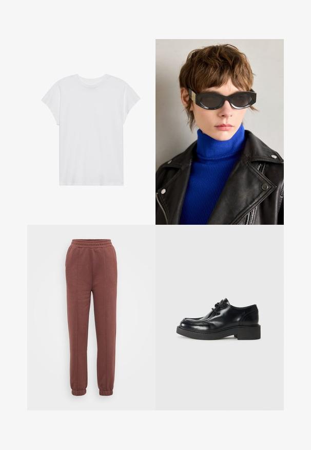Witte t-shirt met korte mouwen, ronde hals, relaxte pasvorm, gemaakt van zacht katoen. Glad textuur, geen patronen of logo's.; Bruine joggers met een elastische tailleband, geribde boorden, een soepele textuur en stiksels aan de voorkant. Geschikt voor casual kleding.; Zwarte leren oxford schoen met een ronde neus, vetersluiting en een dikke zwarte rubberen zool. Glad oppervlak en minimale stikdetails.; Zwarte zonnebril met ronde randen en getinte lenzen. Bevat gouden accenten op de sleuven. Gecombineerd met een blauwe geribbelde coltrui en een leren jasje.