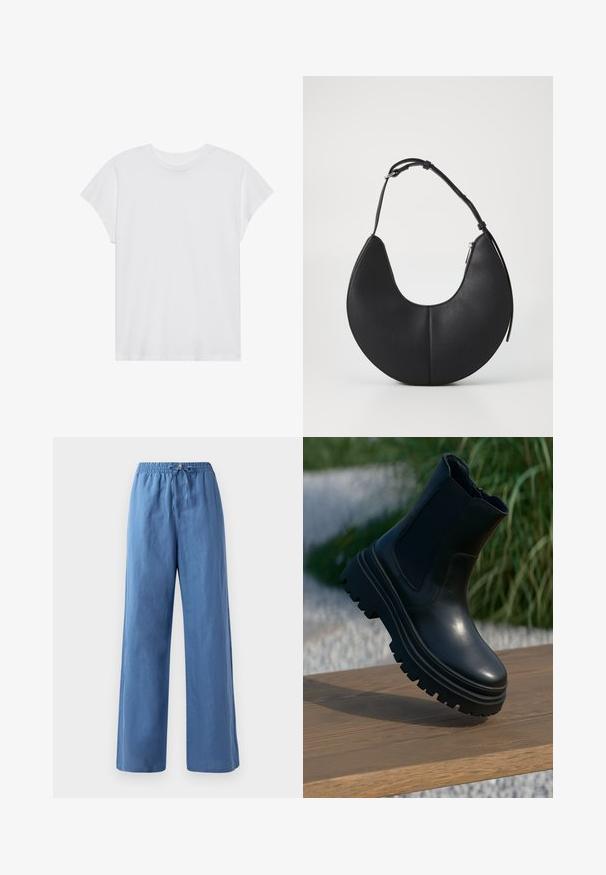 Fehér, rövid ujjú póló, kerek nyakkivágással, laza szabású, puha pamut anyagból készült. Sima felület, nincs rajta minta vagy logó.; Világoskék, bő szárú nadrág puha anyagból, rugalmas derékkal és állítható zsinórral a tökéletes illeszkedés érdekében.; Fekete bőr bokacsizma tompa talppal, elasztikus oldalsó panellel és sima felülettel. Emelt kialakítás, kontrasztos talp mintázattal.; Fekete bőrből készült félhold alakú kézitáska sima felülettel, egyetlen állítható vállpánttal, és oldalsó cipzárral.; Aranyszínű fülbevalók, amelyek geometriai formák keverékét tartalmazzák: négyzet, kör és összekapcsolt ovális minták, fényes felülettel.