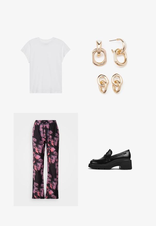 Bílá krátkosrstá tričko s kulatým výstřihem, volný střih, vyrobené z měkké bavlněné tkaniny. Hladký povrch, bez vzorů nebo log.; Lollys Laundry PANTS - Kalhoty - blue/pink; Černý kožený mokasín s robustním podpatkem a silnou podrážkou, s páskovým detailem přes horní část, zobrazený z boku na bílém pozadí.; Náušnice ve zlatém tónu s kombinací geometrických tvarů: čtverec, kruh a propojené oválné designy s lesklým povrchem.