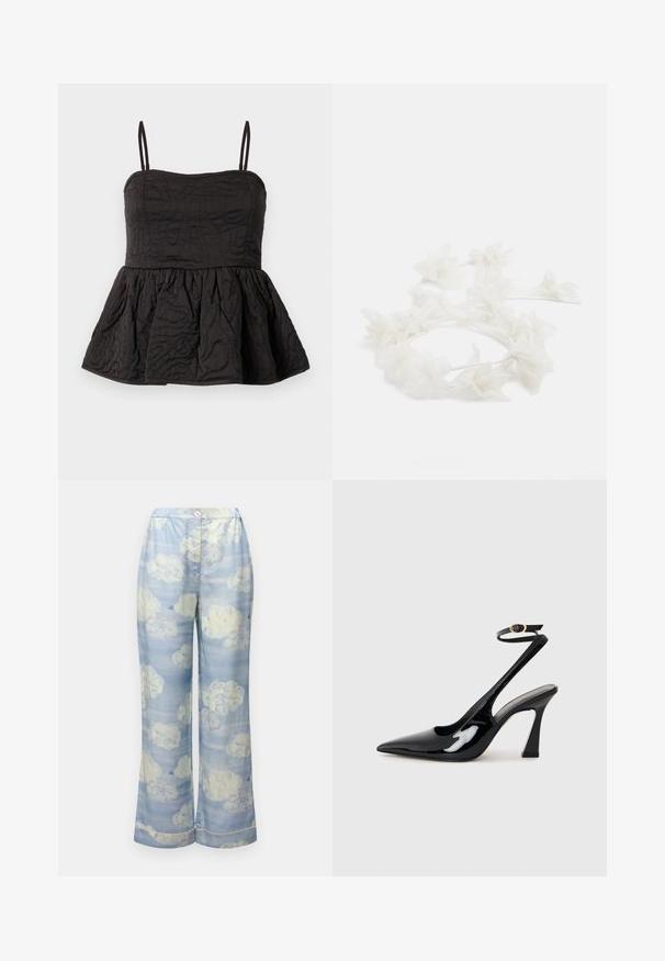 Black peplum top with adjustable spaghetti straps, textured fabric featuring swirled design, and gathered lower hem for volume.; Sky blue wide-leg pants made from lightweight fabric, featuring a cloud pattern in soft whites and subtle pastels, with an elastic waistband.; Black patent leather slingback high heels with a pointed toe, adjustable ankle strap, and a moderate block heel. Smooth texture with glossy finish.; Floral headband made of white petals with a thin, flexible band. Petals are soft and lightweight, creating a delicate, layered appearance.