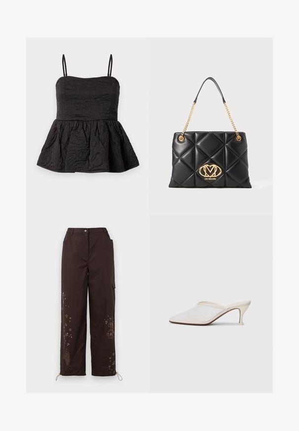 Musthave mustriba mustrinong mustlisaga, reguleeritavad spagetipäised, tekstuurne kangas, millel on keerduv kujundus ja volditud alumine serv mahu jaoks.; Pruunid laiad püksid, millel on tikitud tähe- ja kalaornament. Õhuke elastne vöökoht, kaks küljetaskut ja reguleeritavad pahkluu sidemed.; Valge võrkmaterjalist teravatoa mulli king, millel on peen keskmise kõrgusega konts ja libisev disain, tühjal taustal.; Must mustriga käekott, millel on kunstnahk, kuldne ahel ja silmapaistev kuldne logo ning teemantmuster pinnal.