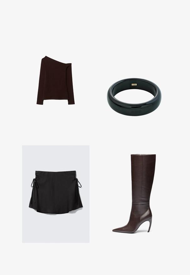 Asymmetrisk långärmad topp i mörkbrunt tyg, med ett axel blottlagt och en slät, något texturerad yta.; Svart kjol med en slät textur, justerbara band på varje sida, något utsvängd fåll och lättviktig tyg.; Brun läderstövel med knähöjd, spetsig tå och stilettklack, med en slät yta och minimalistisk design.; Svart resinarmband med en slät, glänsande yta och rundade kanter. Har en liten guldfärgad "Pilgrim"-logotyp på insidan.