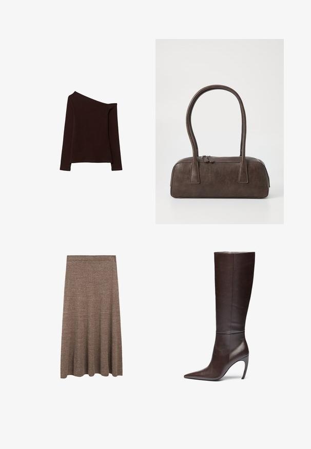 Asymmetrisk langærmet top i mørkebrun stof, med en skulder blottet og en glat, let tekstureret overflade.; Brun strikket midi nederdel med en svajet silhuet, der har en glat elastisk talje og en subtil struktur over det hele.; Brune læderknæhøje støvler med spids tå og stilettoskaft, præget af en glat tekstur og minimalistisk design.; Brun lædertaske med to robuste håndtag, rektangulær form, glat tekstur og lynlås lukning. Minimalistisk design uden synlige mønstre.; Sort harpiks bangle armbånd med en glat, shiny overflade og afrundede kanter. Har et lille guld "Pilgrim" logo indeni.