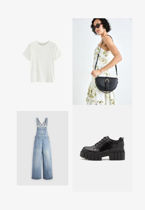 Biela bavlnená tričko s krátkymi rukávmi, okrúhlym výstrihom a hladkou, rífľovou textúrou. Jednoduchý dizajn, žiadne vzory ani akcenty.; Svetlo modré denné overaly so širokými nohavicami, nastaviteľnými ramennými popruhmi, prednou vreckom a kovovými gombíkmi na stranách. Klasický štýl s voľným strihom.; Čierne kožené platformy s masívnym blokovým podpätkom, okrúhlou špičkou a tradičným šnurovaním. Má hladký povrch a minimálne detaily.; Čierna kožená kabelka s zaobleným tvarom, odnímateľným popruhom a zlatými doplnkami. Kabelka má klopu s detailom s prackou.