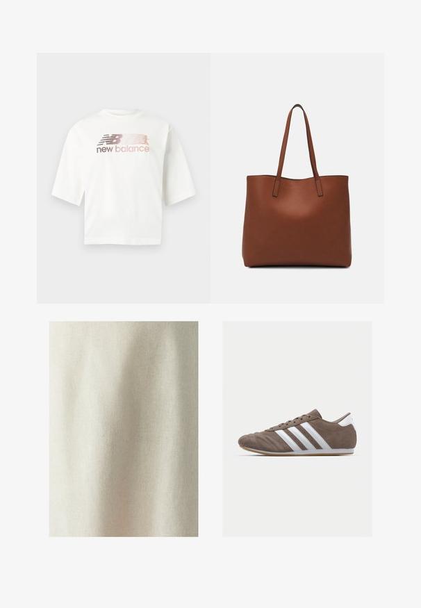Bijela majica kratkih rukava od pamuka, s logom u gradijentu ružičaste i sive boje, te tekstom "new balance" ispod logotipa.; Svijetlo bež tkanina s suptilnom teksturom i ravnom tkanjem, prikazujući nježne nabore i pregibe, pogodna za razne tekstilne primjene.; Smeđi zamakani sportski tenisice s bijelim prugama, okrugli vrh, vezanje, i potplat od gumene smole. Teksture gornjeg dijela s detaljima šivanja.; Smeđa kožna torba preko ramena s glatkom teksturom, otvorenim vrhom i dvjema naramenicama. Ima minimalne šavove i nema vidljivog hardvera.