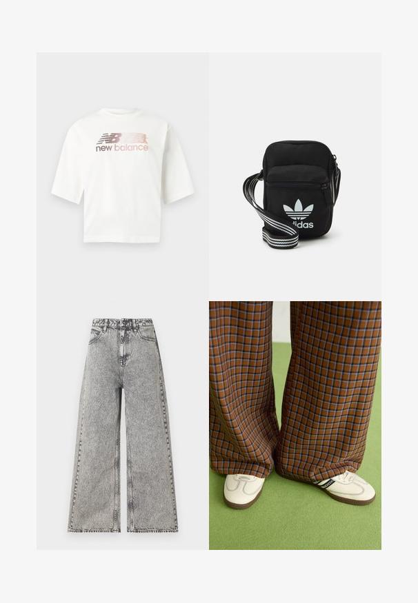 White short-sleeve t-shirt made of cotton, featuring a gradient logo in pink and gray with the text "new balance" below the logo.; Wide-leg jeans in faded black denim, featuring a high-rise waist, classic five-pocket design, and visible stitching details.; Brown and blue plaid wide-leg trousers paired with white shoes featuring black accents and textured soles, set against a green background.; Black fabric crossbody bag with a zipper closure, featuring a white Adidas logo and a striped adjustable strap for easy carrying.